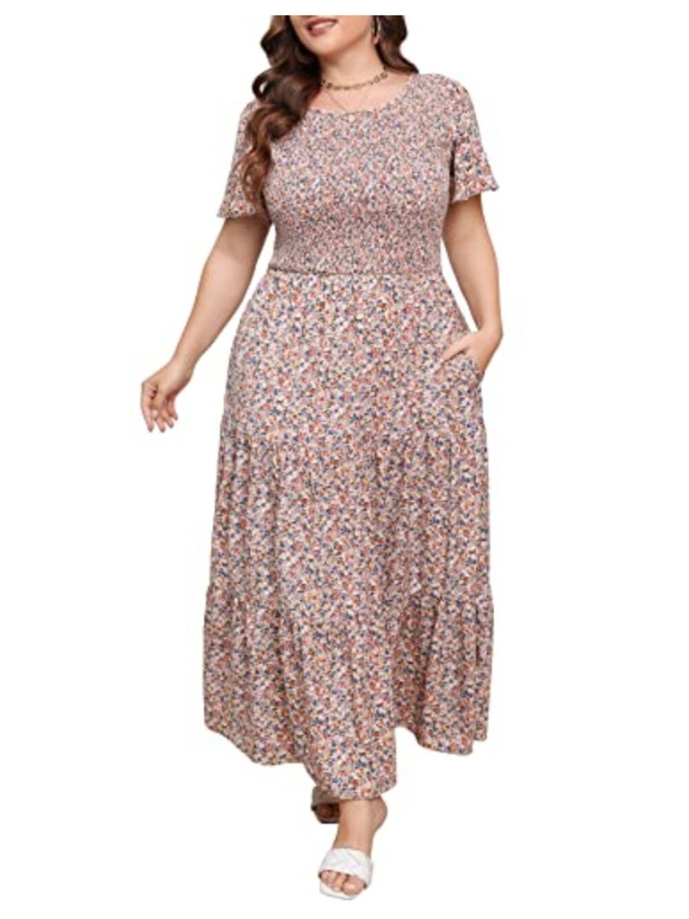 Plus Size Smocked Tiered Maxi Dress with Pockets Floral Boho Short Sleeve
